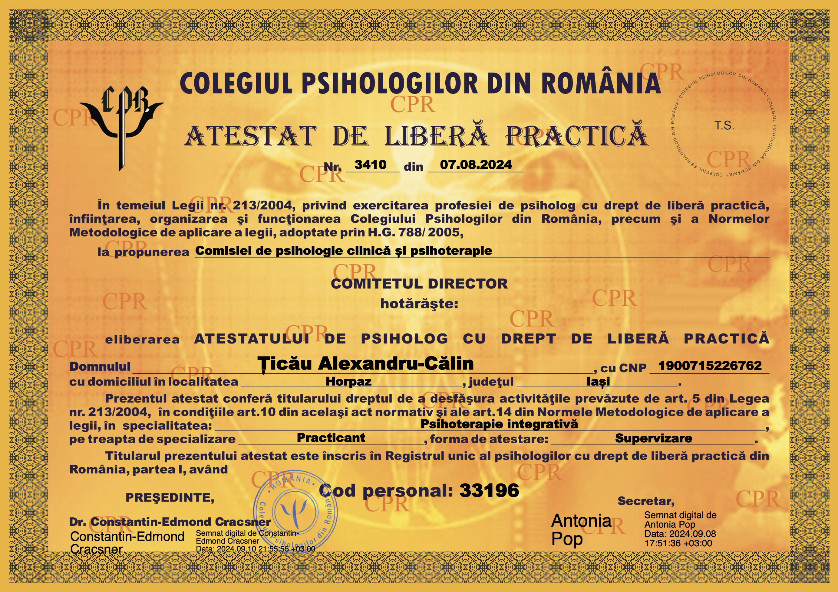 Diploma Colegiul Psihologilor